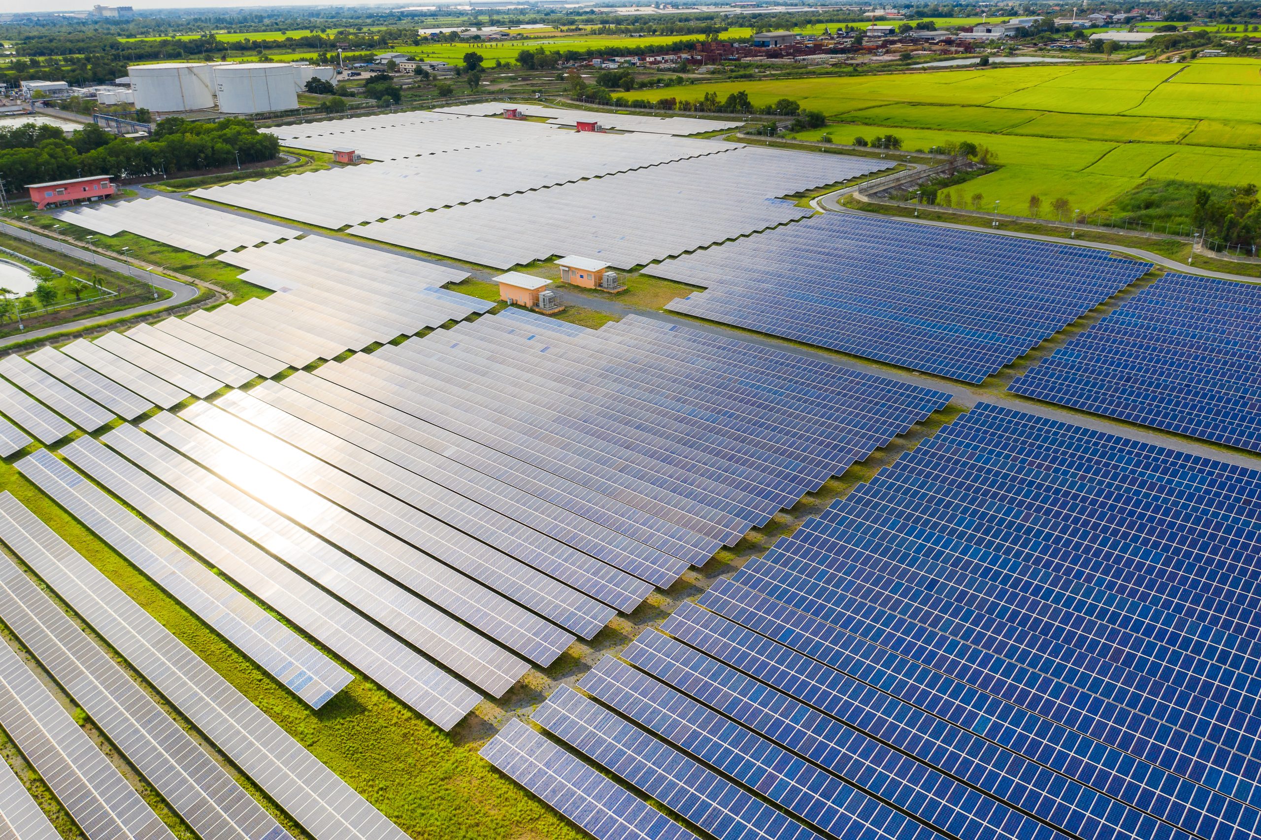 Solar energy farm producing clean renewable energy from the sun . Thousands of solar panels, Photovoltaic solar cells , huge solar farm.